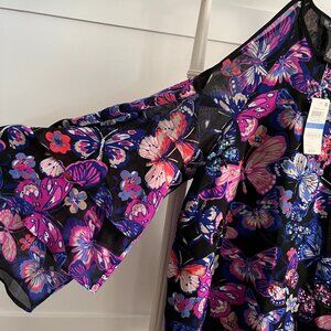 BNWT INC Urban Chic Sequin Twin Butterfly Purple Pink cold shoulder blouse (XL)